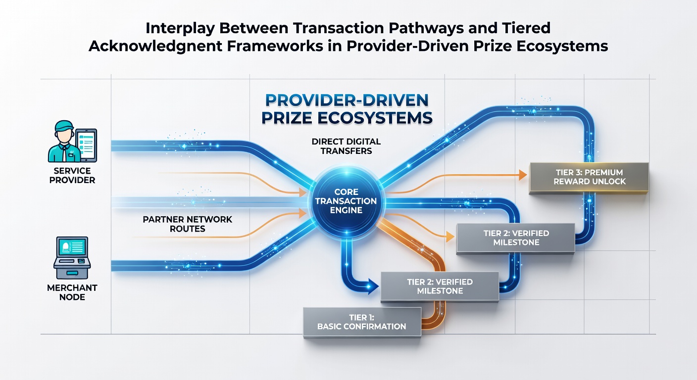Diagram showing transaction pathways linking to tiered acknowledgment structures in gaming prize systems