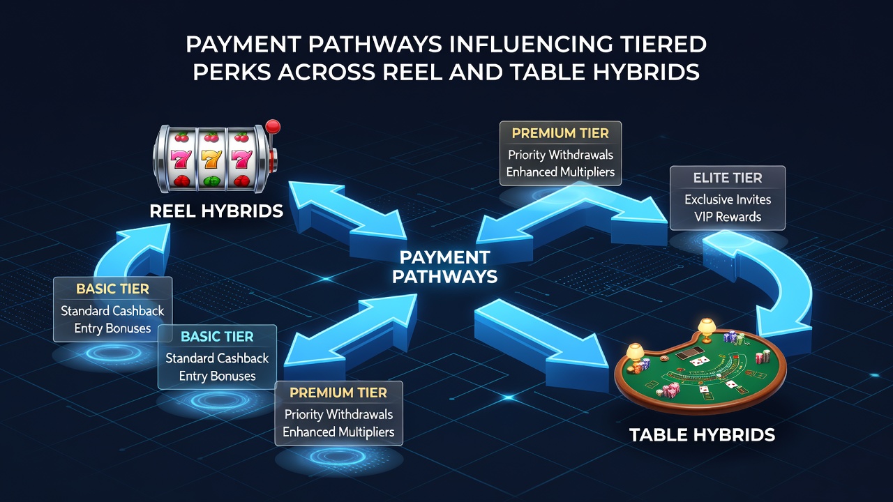 Overview of payment pathways connecting reel and table hybrid gaming systems