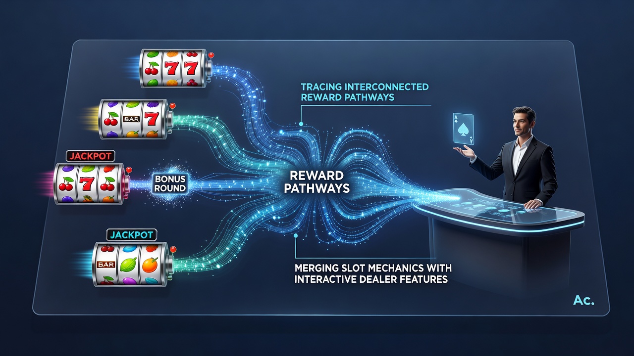 Illustration of reward flow between mobile slot reels and live dealer table on a tablet screen